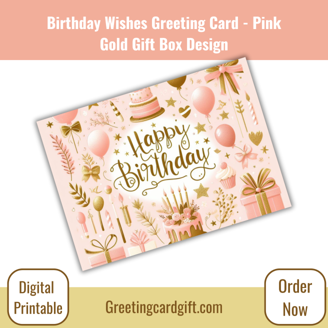 Birthday Wishes Greeting Card - Pink Gold Gift Box Design