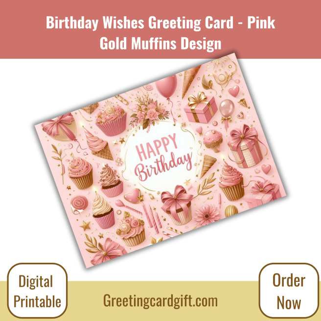 Birthday Wishes Greeting Card - Pink Gold Muffins Design