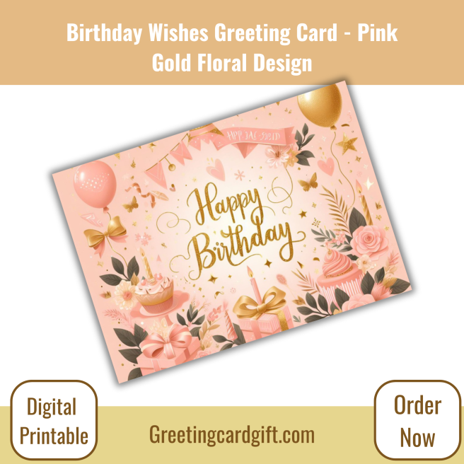 Birthday Wishes Greeting Card - Pink Gold Floral Design