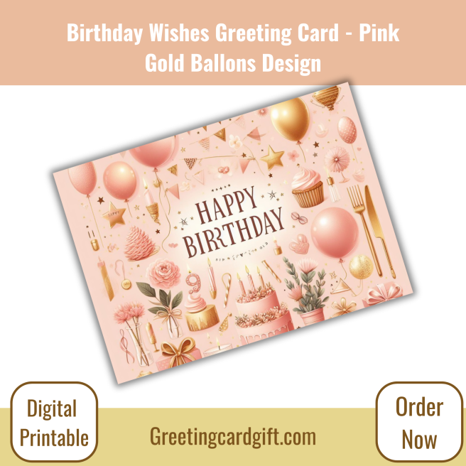 Birthday Wishes Greeting Card - Pink Gold Ballons Design